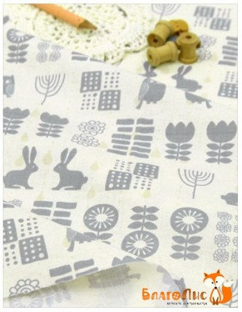 Ткань Серая с зайцами и совами, 55х45 см, 100% хлопок, Ю.Корея , купить - БлагоЛис