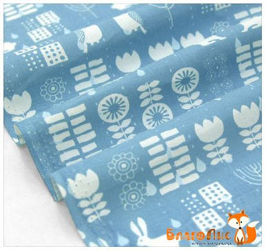 Ткань Синяя с зайцами и совами, 55х45 см, 100% хлопок, Ю.Корея , купить - БлагоЛис