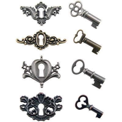 Набор декоративных ключей и замочных скважин (по 4 штуки) с брадсами, Tim Holtz