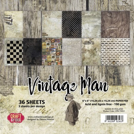 Набор бумаги Vintage Man, 15 х 15 см, 36 односторонних листов, плотность 190 грамм, ТМ Craft & You Design, купить - БлагоЛис