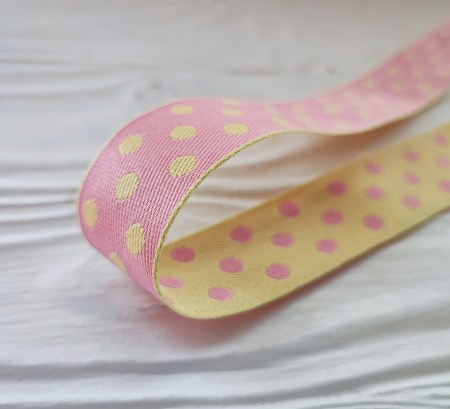 Лента с горошками трикотажная двуцветная 25 мм, цвет розовый/желтый, DIY Ribbon's, цена за 1 ярд ( 90 см ), купить - БлагоЛис