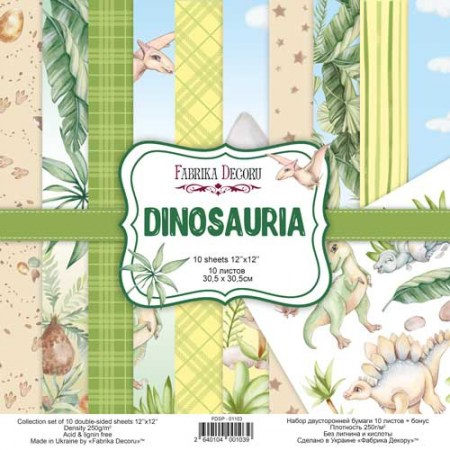 Набор двусторонней скрап бумаги "Dinosauria", 30.5x30.5 см, плотность 200 грамм, Фабрика Декору, купить - БлагоЛис