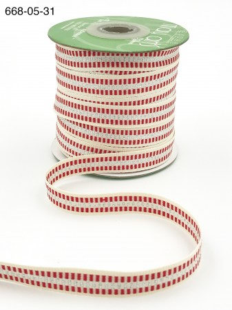 Лента хлопковая с поперечными полосамии тканным краем, красный + серебро, 1,2 см, May Arts, 668-05-31, цена за 1 ярд (90 см) , купить - БлагоЛис