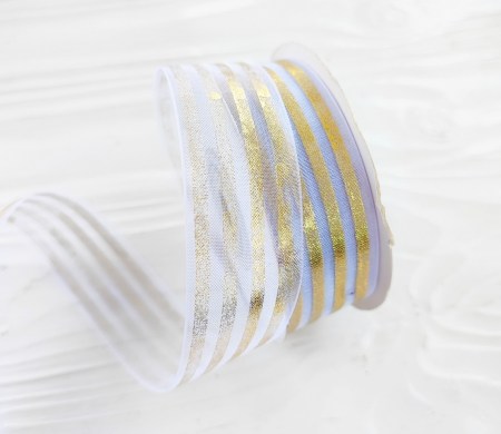 Лента органза белая "Золотые полоски" 25 мм, DIY Ribbon's, цена за 1 ярд ( 90 см ), купить - БлагоЛис